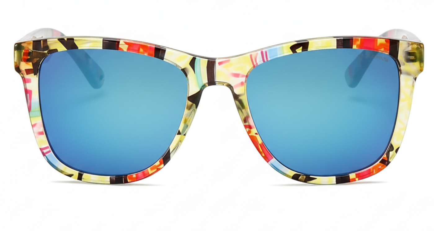 Missandtrendy dreamlike wayfarer sunglasses with pattern frame and mirror blue lens 0º side view
