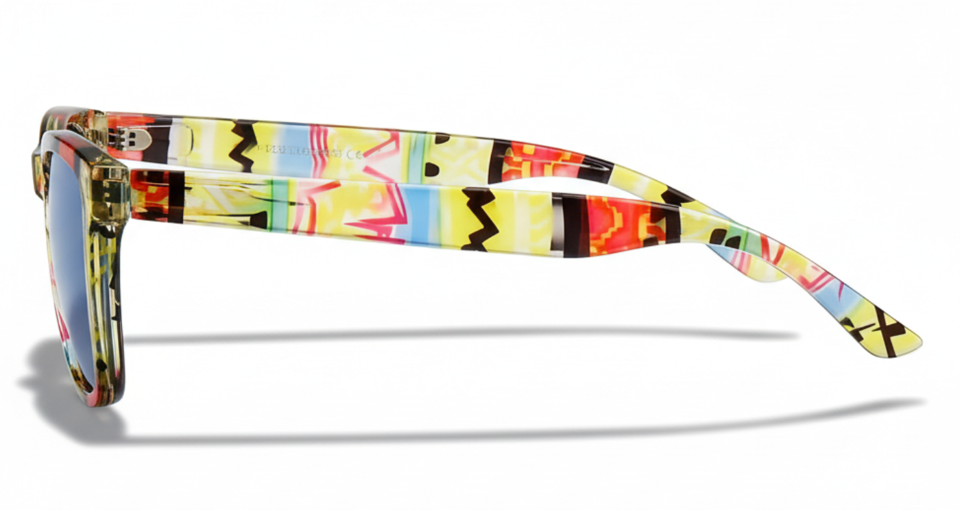 Missandtrendy dreamlike wayfarer sunglasses with pattern frame and mirror blue lens 90º side view