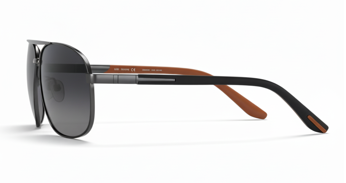 Missandtrendy fusion aviator sunglasses with black orange frame and black lens 90º side view new style