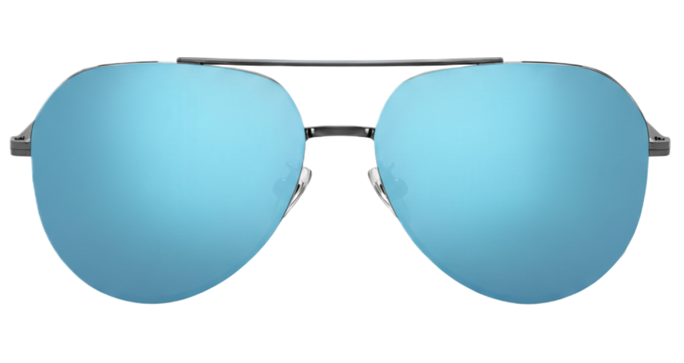 Missandtrendy future Aviator polarised UV400 sunglasses with silver frame and mirror blue lens 0º side and white background_hexagonl_shape