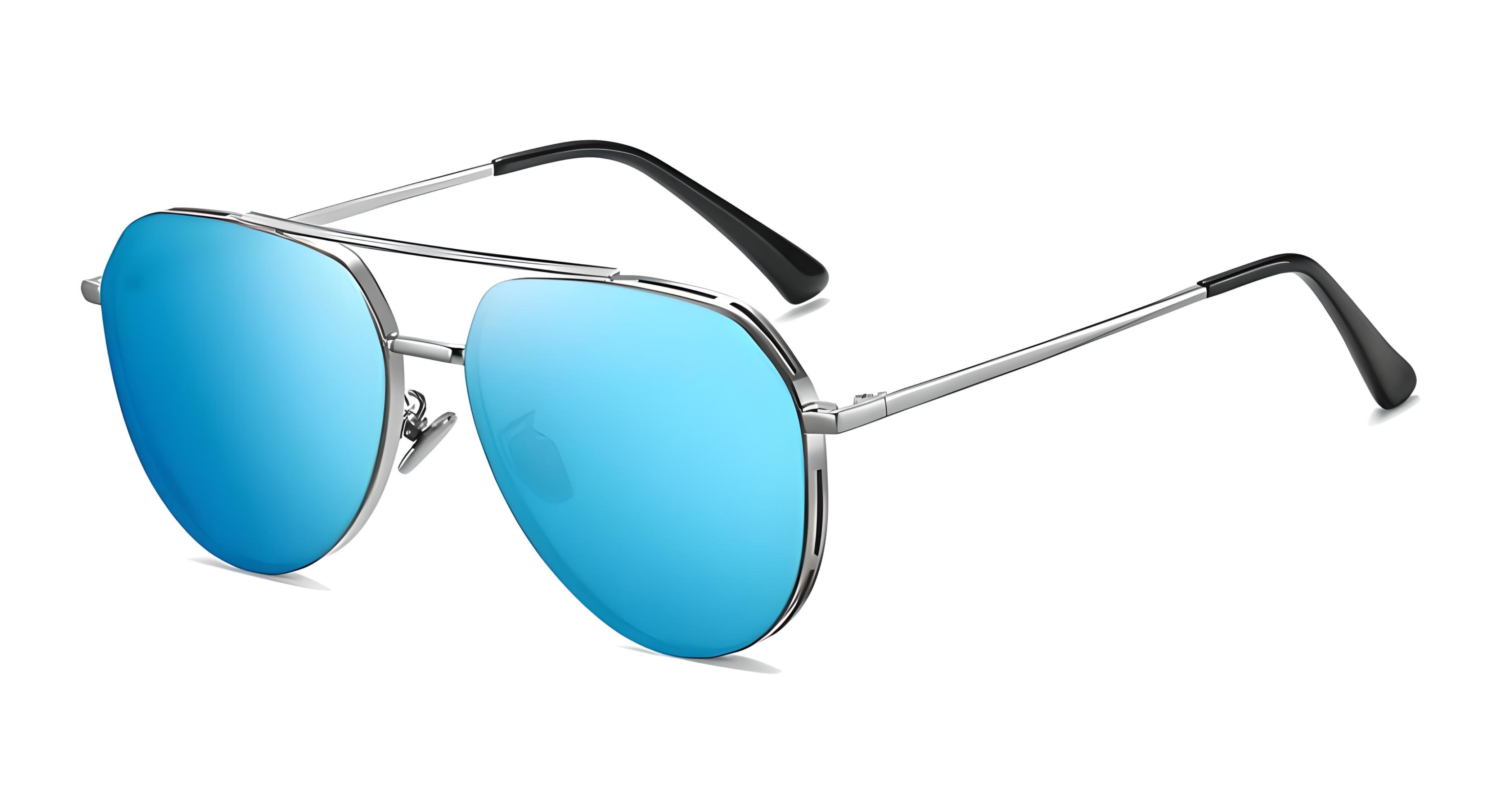 Missandtrendy future Aviator polarised UV400 sunglasses with silver frame and mirror blue lens 45º side and white background