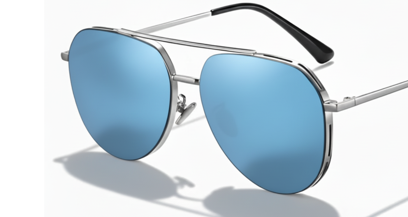 Missandtrendy future Aviator polarised UV400 sunglasses with silver frame and mirror blue lens 45º side and white background cut off