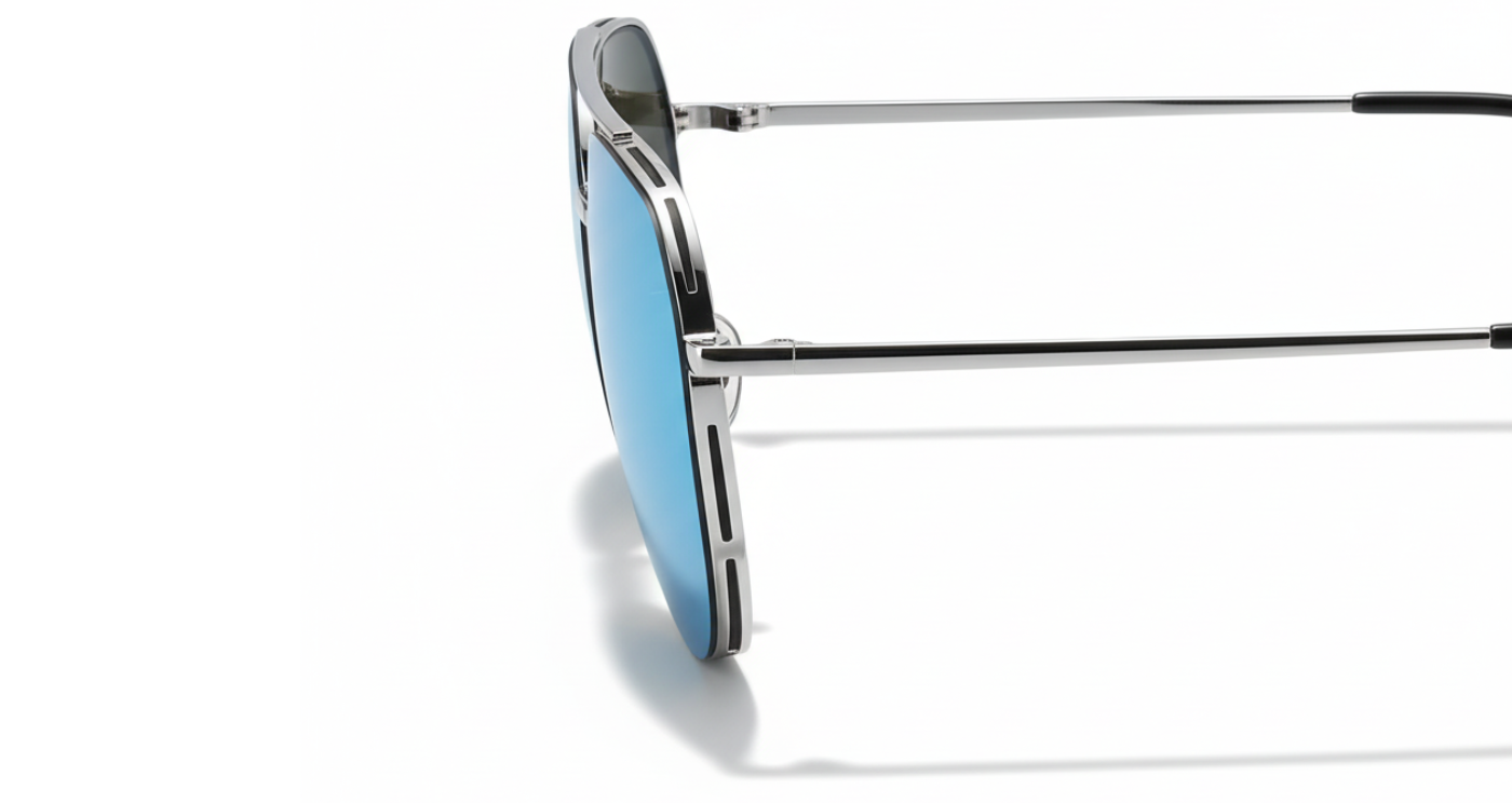 Missandtrendy future Aviator polarised UV400 sunglasses with silver frame and mirror blue lens 90º side and white background_01