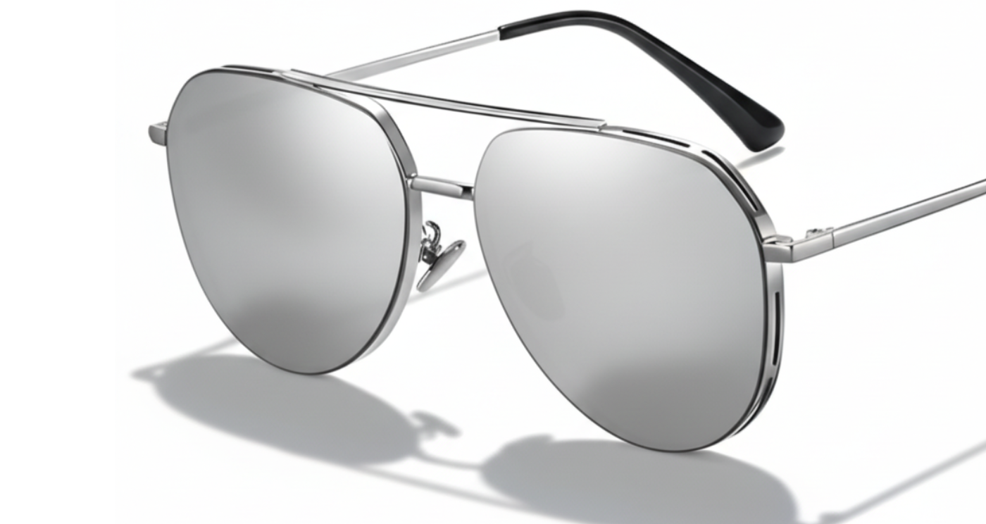Missandtrendy future Aviator polarised UV400 sunglasses with silver frame and mirror silver lens 90º side and white background and hexagonal shape