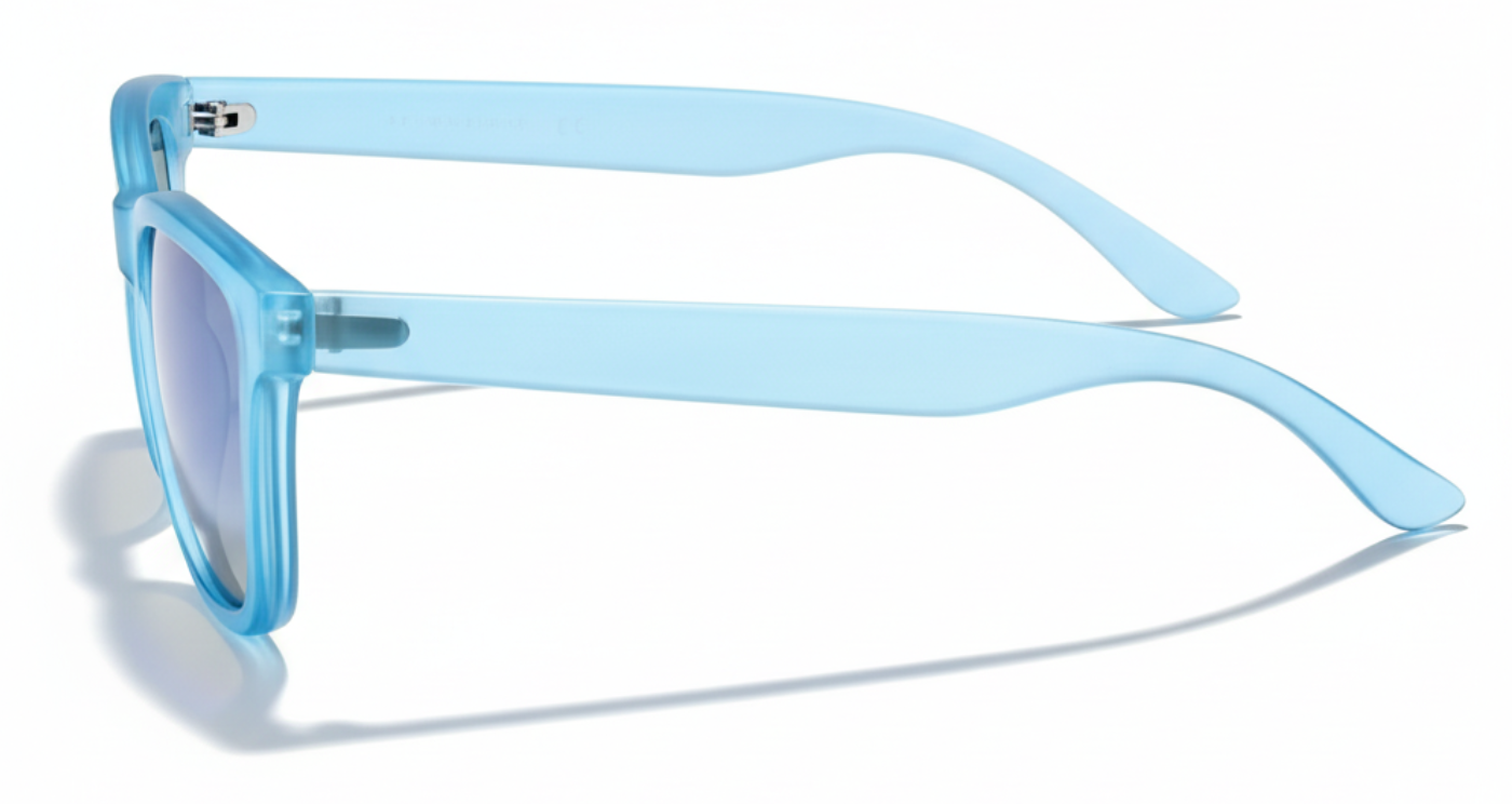 Missandtrendy rainbow wayfarer sunglasses with clear blue frame and blue lens front 90º side view_01