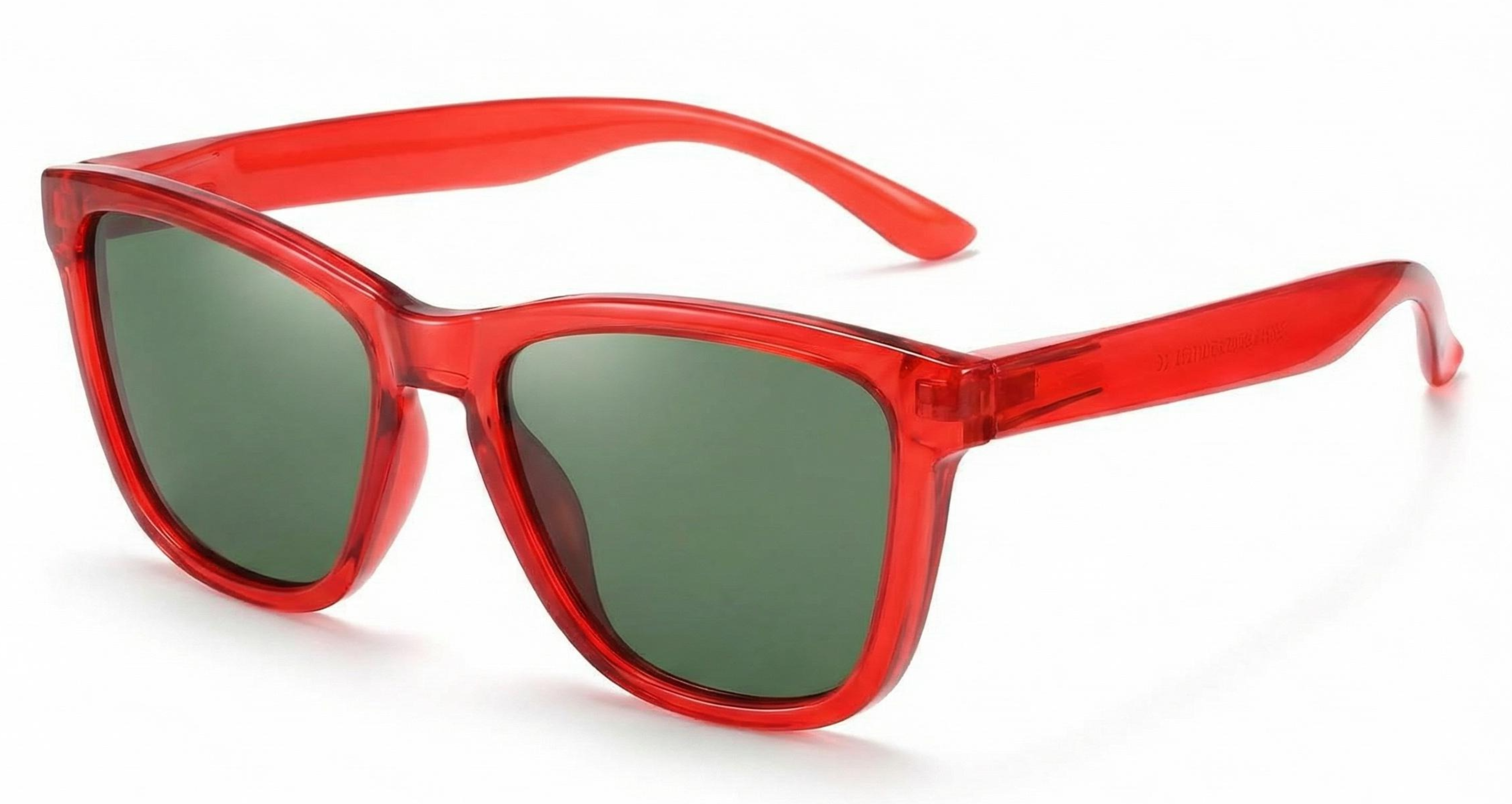 Missandtrendy rainbow wayfarer sunglasses with clear red frame and green lens 45º side view_new