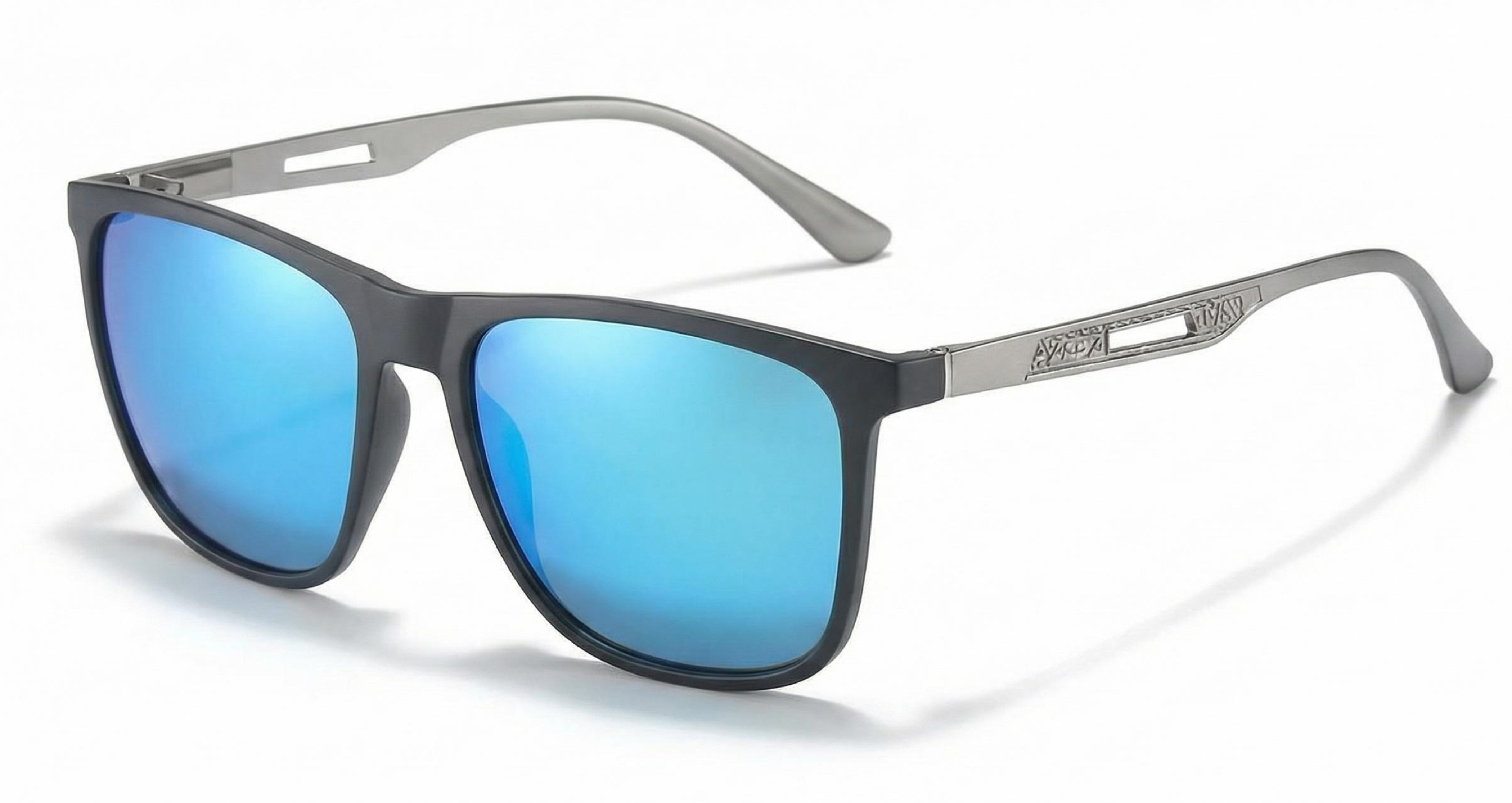 Missandtrendy soho square sunglasses with grey metal frame and mirror turquoise lens 45º side view_new