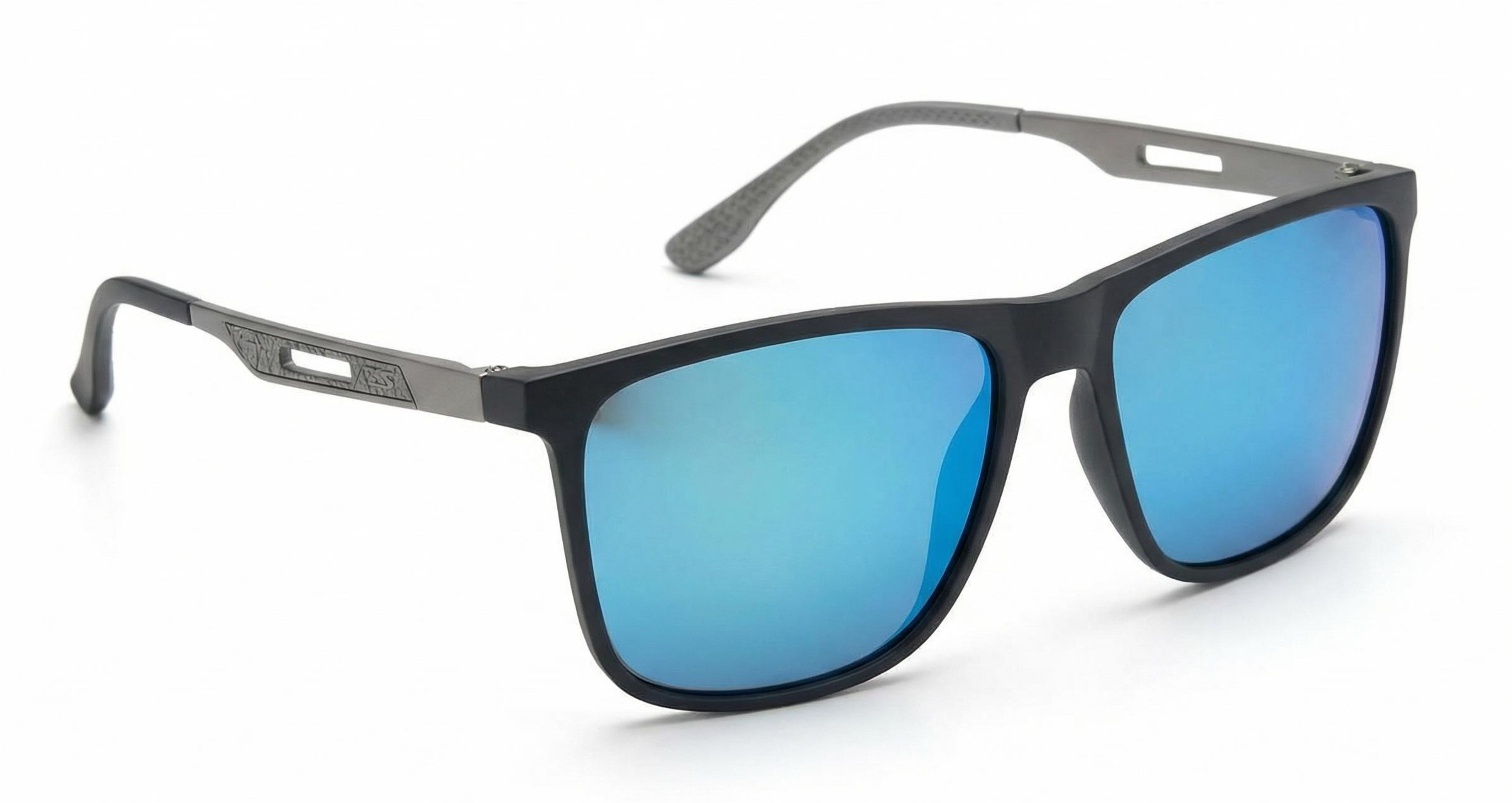 Missandtrendy soho square sunglasses with grey metal frame and mirror turquoise lens 45º side view_new_2