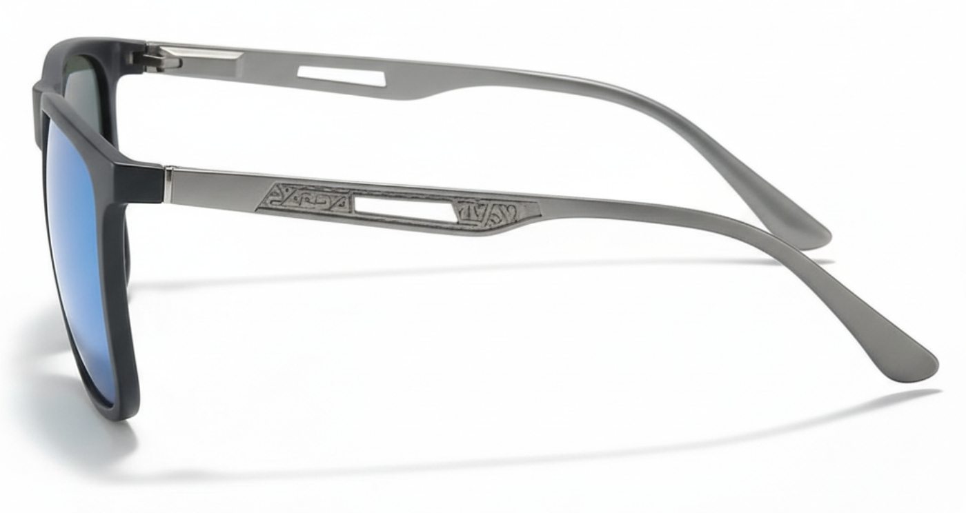 Missandtrendy soho square sunglasses with grey metal frame and mirror turquoise lens 90º side view_new