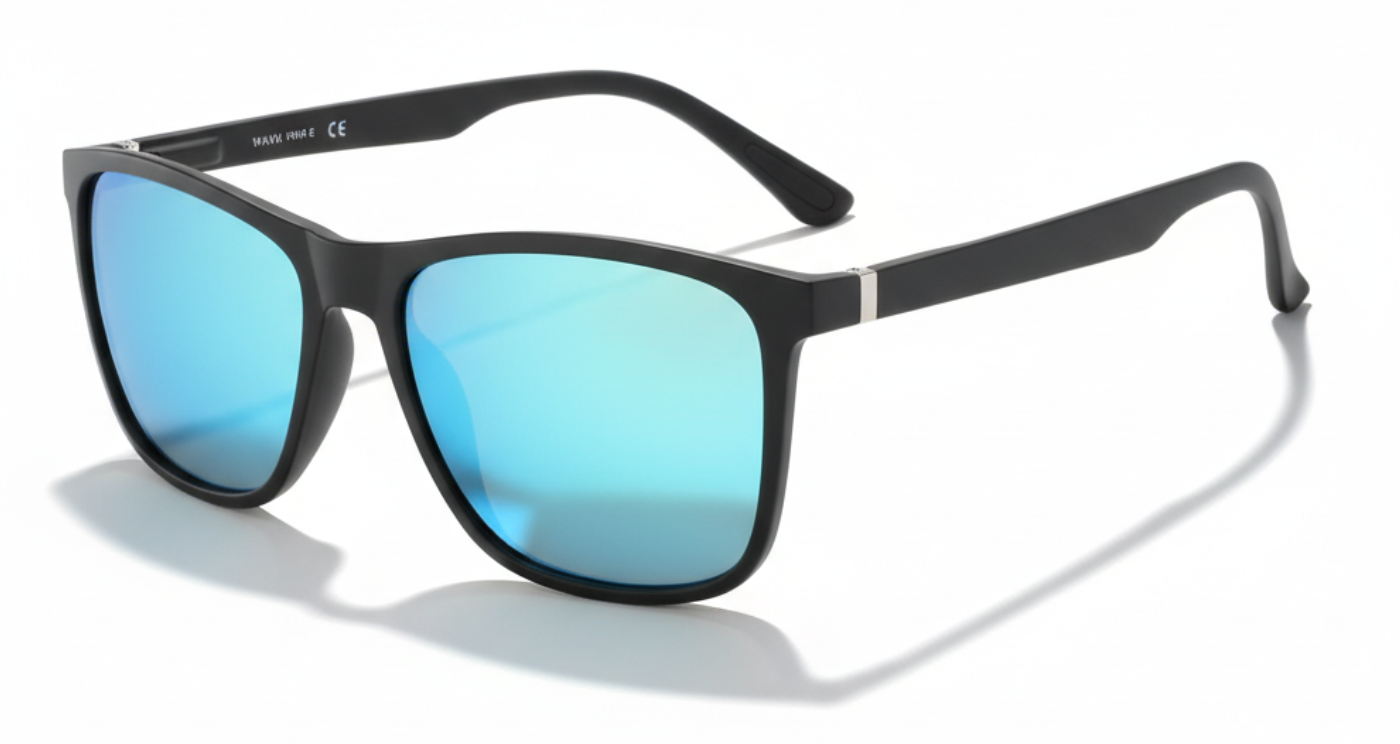 Missandtrendy touring square sunglasses with black frame and mirror blue lens 45º side view_01