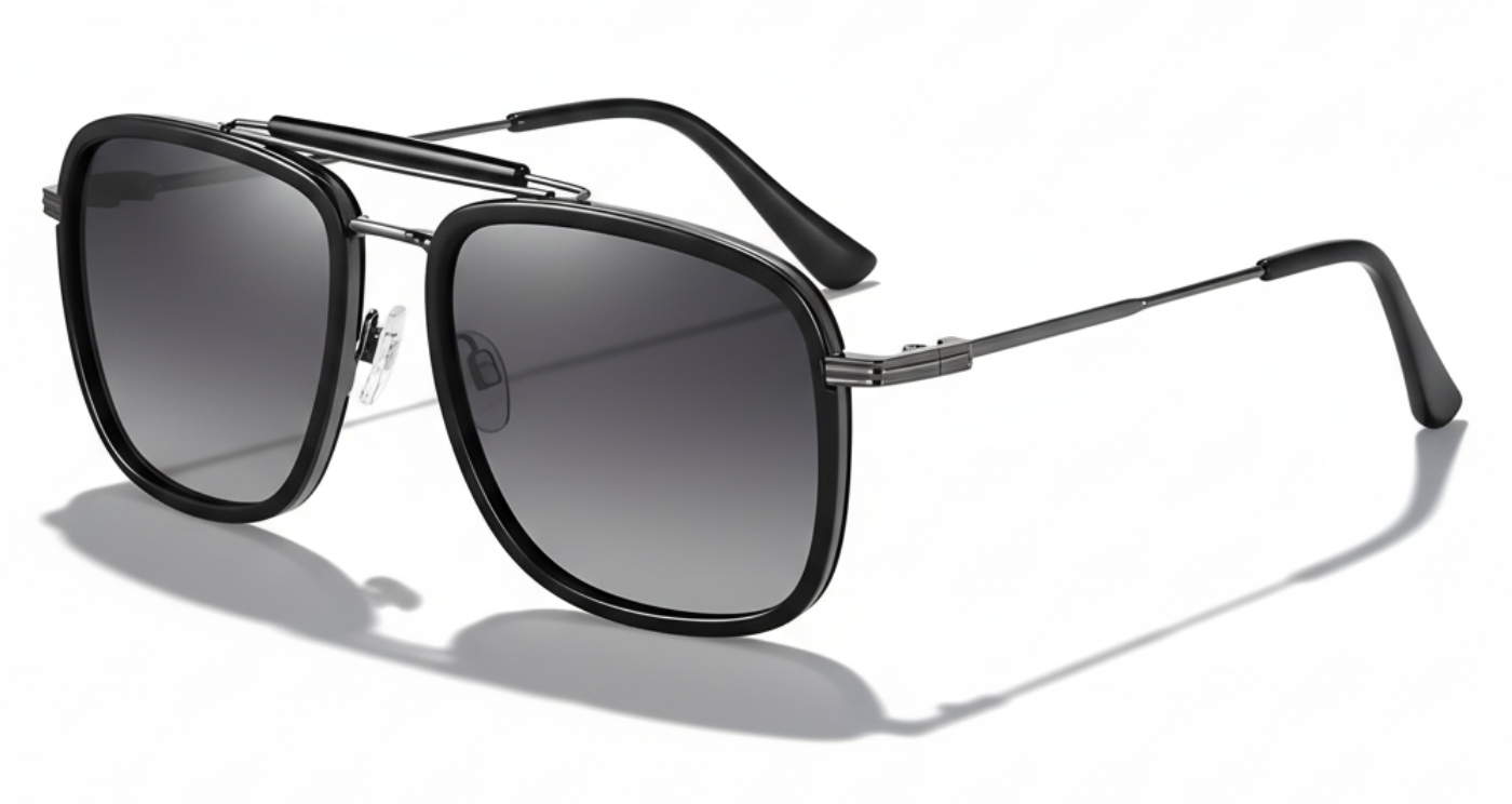 Missandtrendy vegas aviator sunglasses with black rectangular frame and gradient black lens 45º side view_02