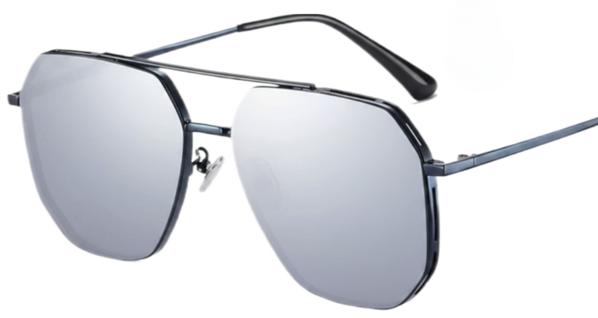 Missandtrendy future Aviator polarised UV400 sunglasses with silver frame and mirror silver lens 45º side and white background and hexagonal shape Cropped.