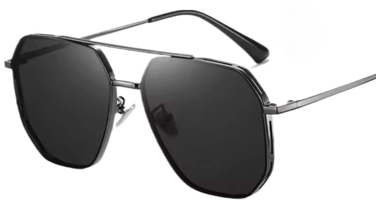 Hexagonal aviator-style uv polarised sunglasses with dark tinted lenses and a thin silver metal frame, shown on a plain white background. 
