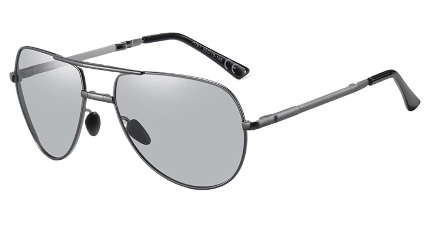 A pair of modern c folding aviator-style eyeglasses with a thin silver-tone metal frame, photochromic lenses, and black temple tips, shown on a clean white background by Missandtrendy 45º view