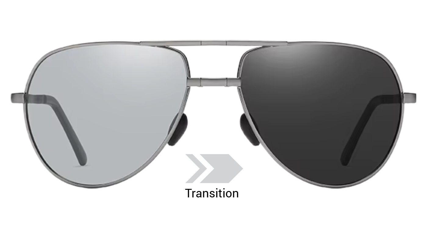 A pair of aviator-style sunglasses with a thin silver metal frame and  photchromic transition lenses, shown against a white background with a 'Transition' label and arrow indicating the lens change.