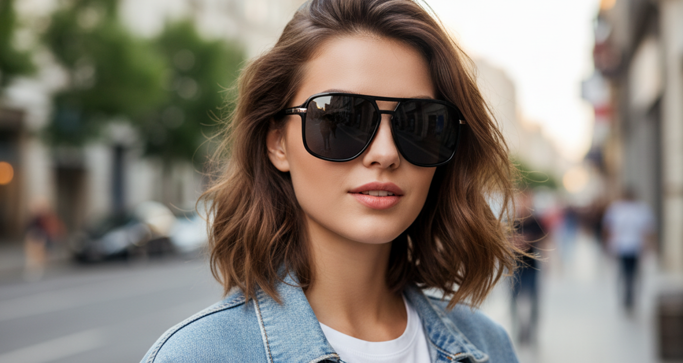 Missandtrendy Piccadilly Aviator stylesunglasses with black  frame and black lens with  female model