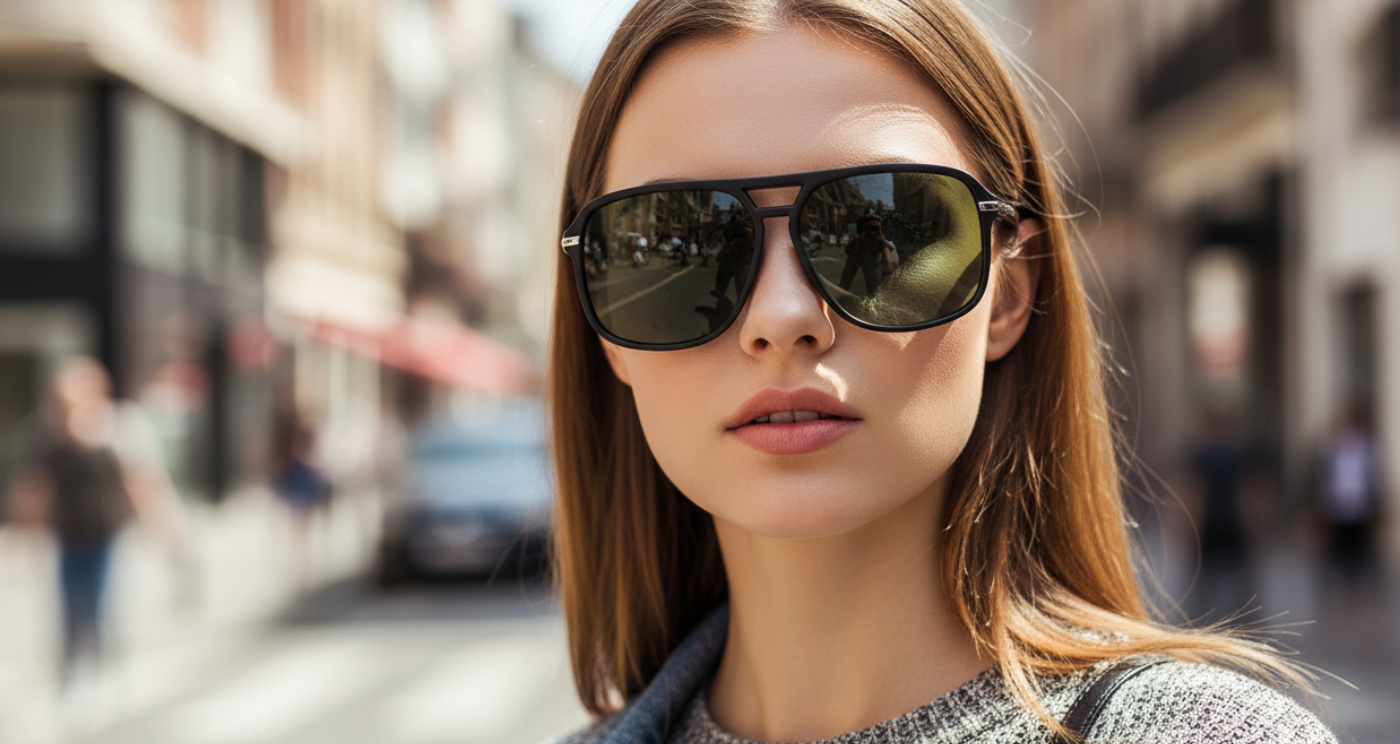Missandtrendy Piccadilly Aviator sunglasses with Black frame and green lens worn by a  Female Model