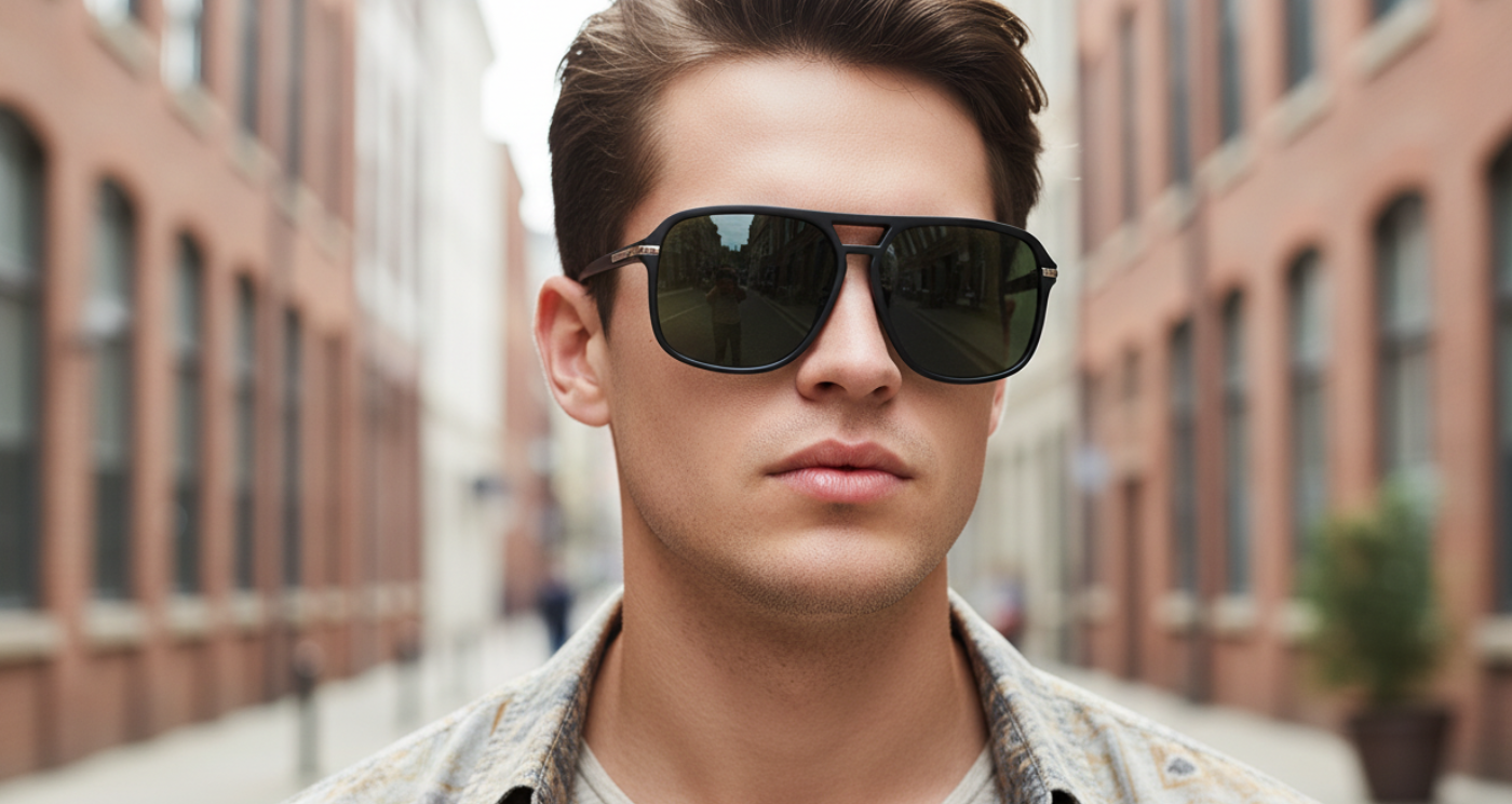 Missandtrendy Piccadilly Aviator sunglasses with Black frame and green lens worn by a Male Model