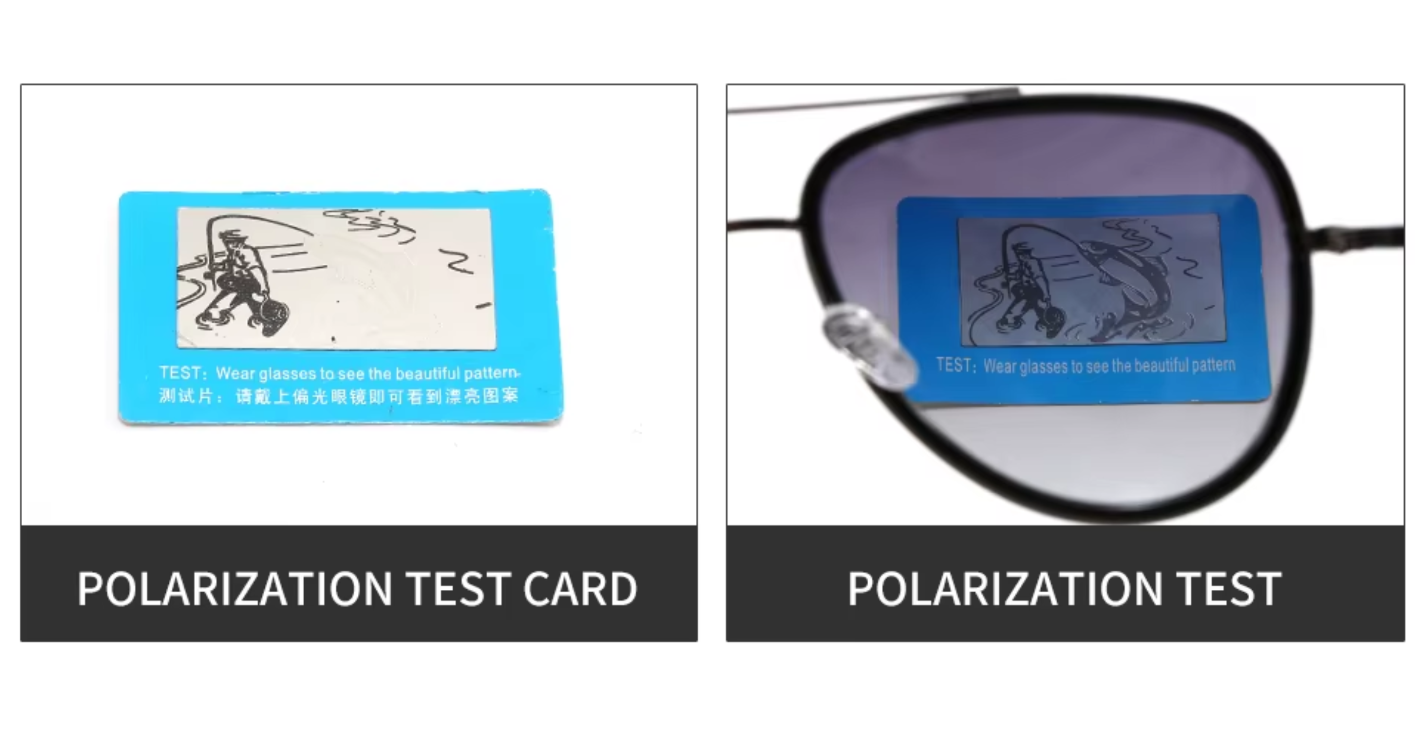 Aviator teardrop - Two side-by-side panels showing a blue polarization test card placed over eyeglass lenses. The left panel shows the card alone on a white background with the caption 'POLARIZATION TEST CARD,' and the right panel shows the card over dark tinted lenses with the caption 'POLARIZATION TEST - Missandtrendy