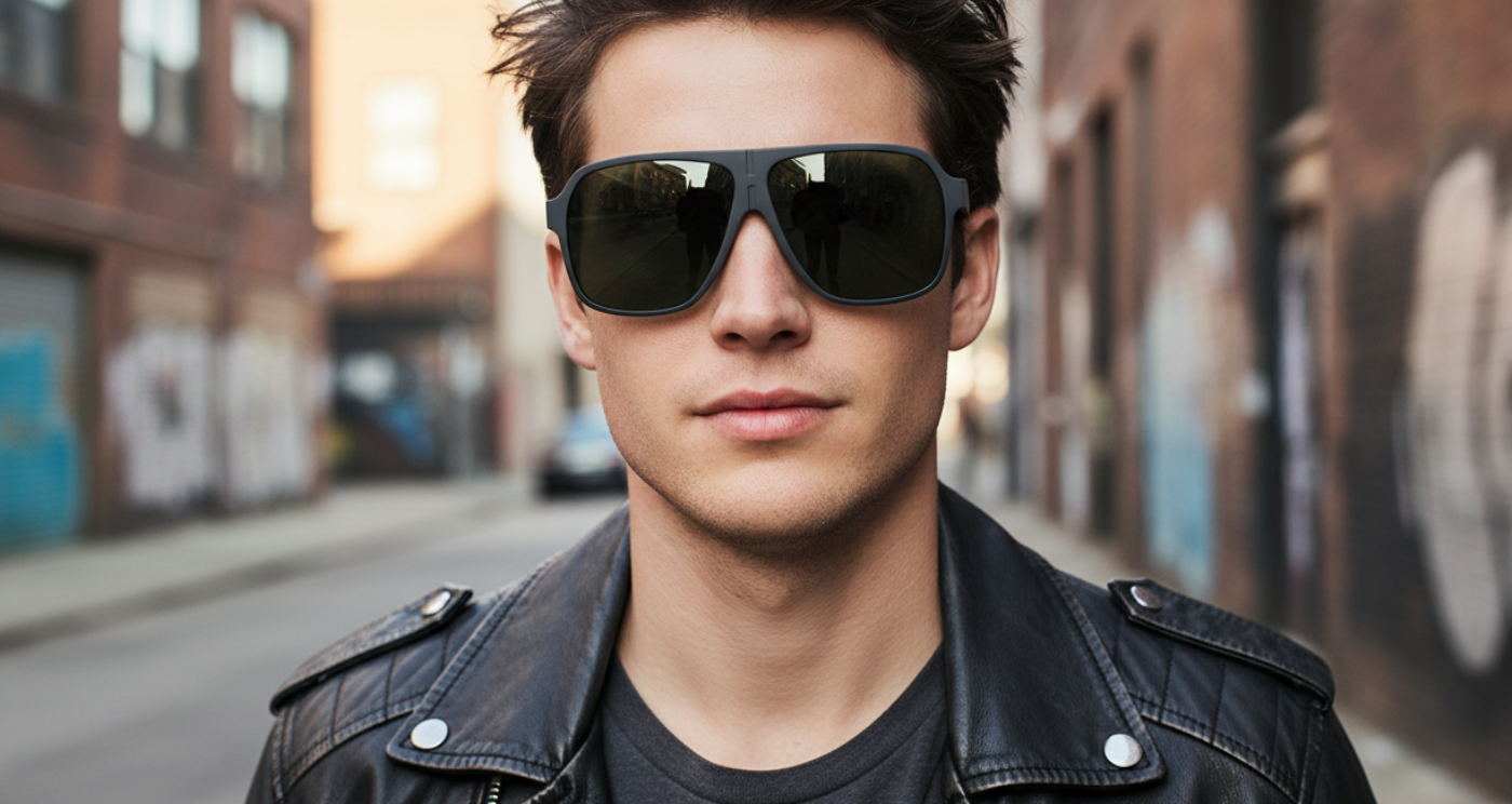 Missandtrendy Rocky Bold Aviator TR 90 UV 400 Polarised Sunglasses with grey frame and green lens worn by a male model