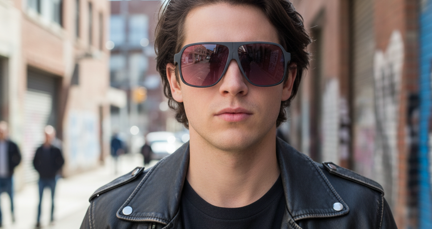 Missandtrendy Rocky aviator sunglasses with grey frame and purple lens front side view front male model shot