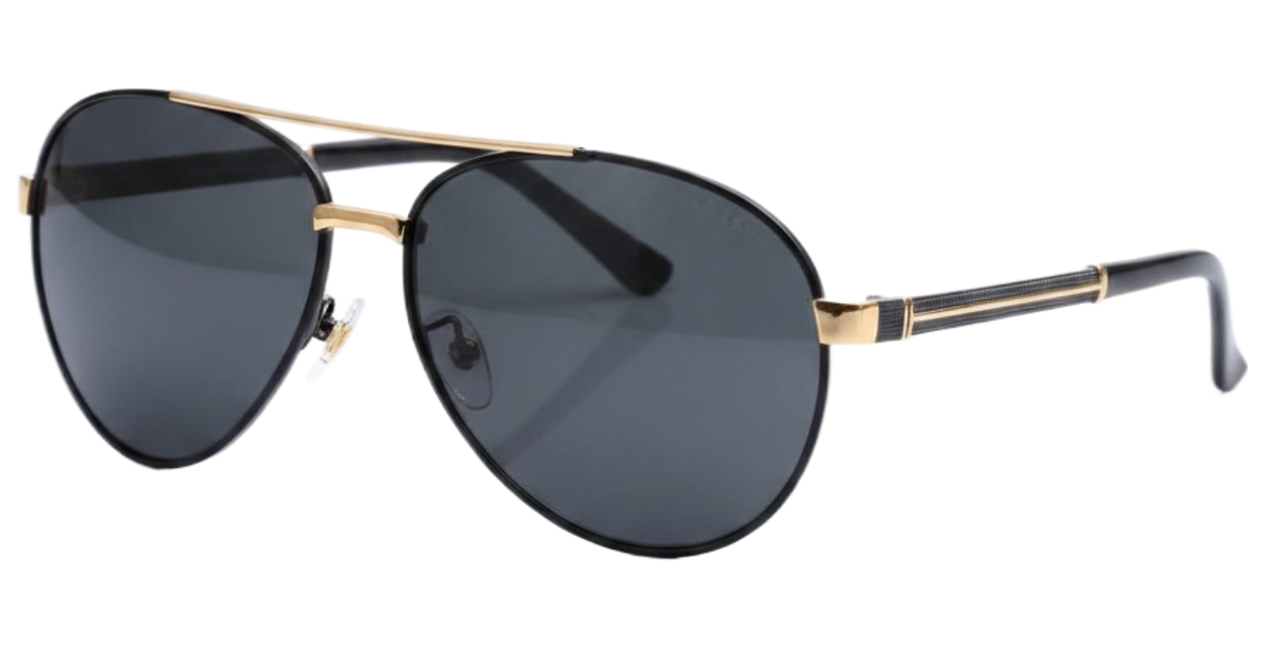 Salisbury unisex aviator metal UV 400 Polarised sunglasses with black gold temple and black lens 45º side view