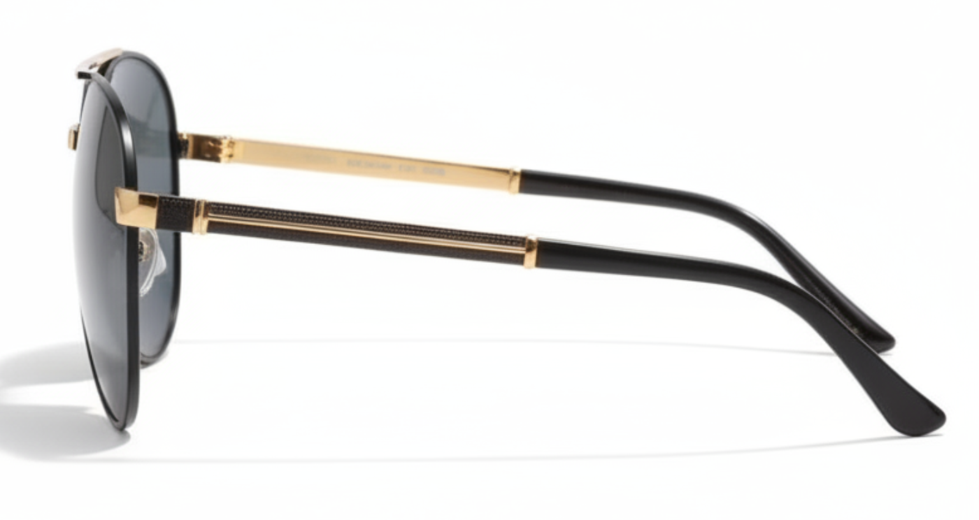 Salisbury unisex aviator metal UV 400 Polarised sunglasses with black gold temple and black lens 90º side view