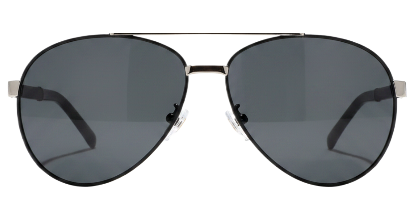 Salisbury unisex aviator metal UV 400 Polarised sunglasses with black silver temple and black lens 0º side view