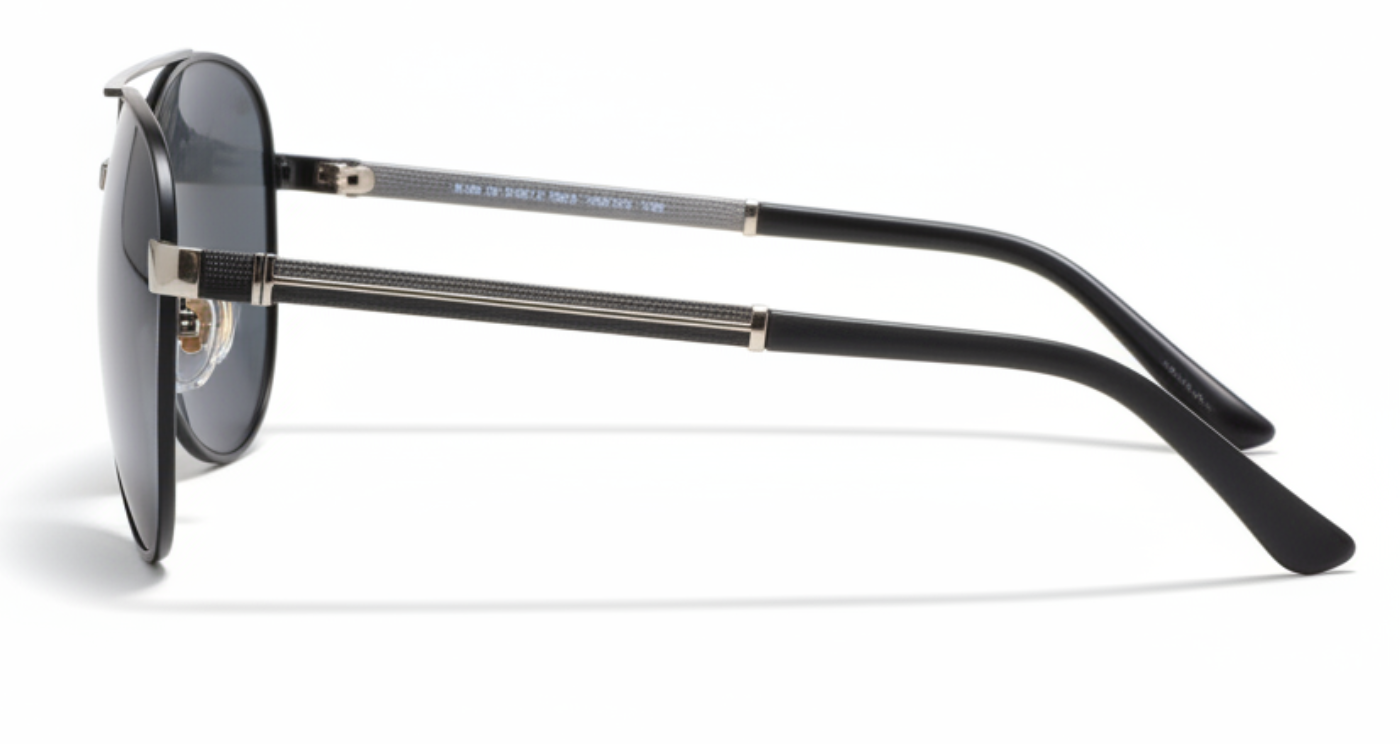 Salisbury unisex aviator metal UV 400 Polarised sunglasses with black silver temple and black lens 90º side view
