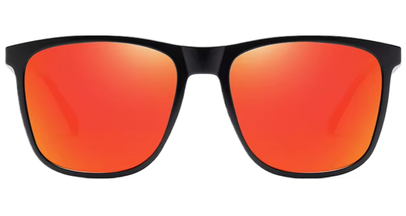 Missandtrendy soho square sunglasses with black frame and mirror orange lens front side view.