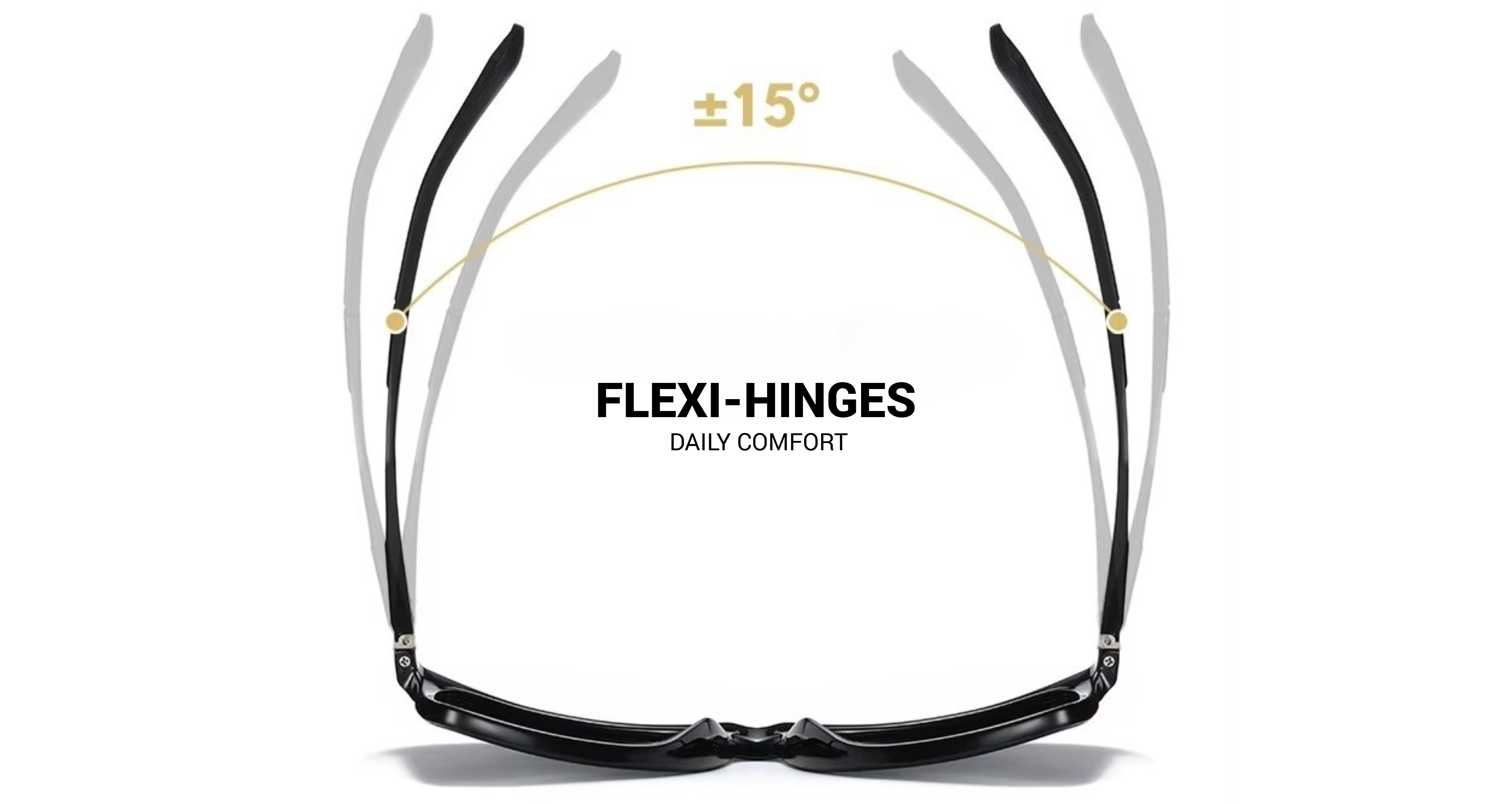 Front view of black flexi-hinge eyeglasses on a white background with text reading 'FLEXI-HINGES' and 'DAILY COMFORT', plus a gold +/-15° indicator and faint gray side-view overlays - Missandtrendy