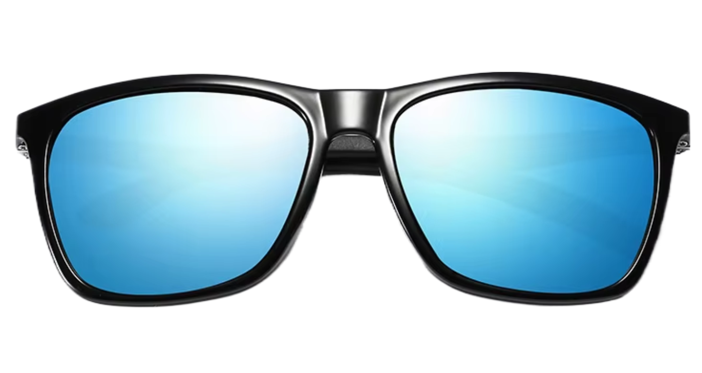 Touring - Black square UV 400 polarised sunglasses with mirrored blue lenses, shown from the front on a white background - Missandtrendy