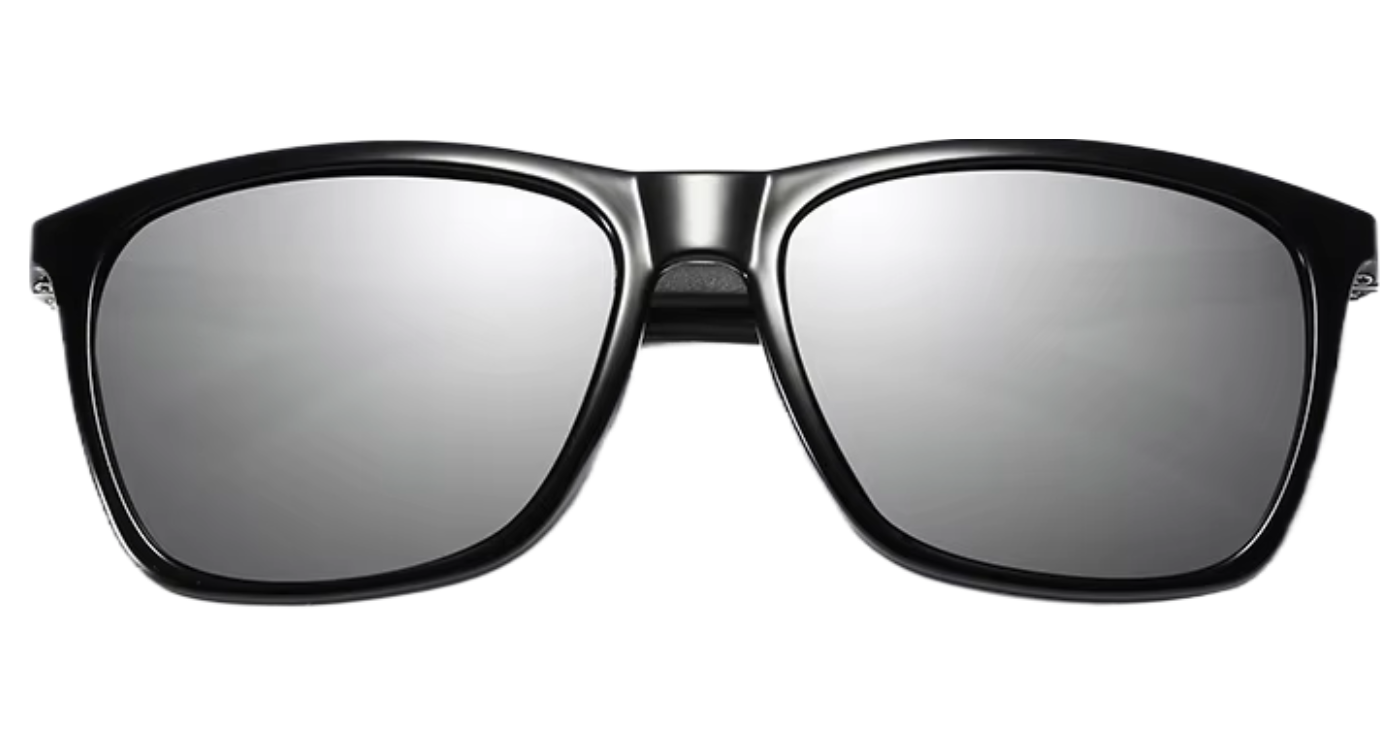 Missandtrendy touring square sunglasses with black frame and mirror grey lens front side view.