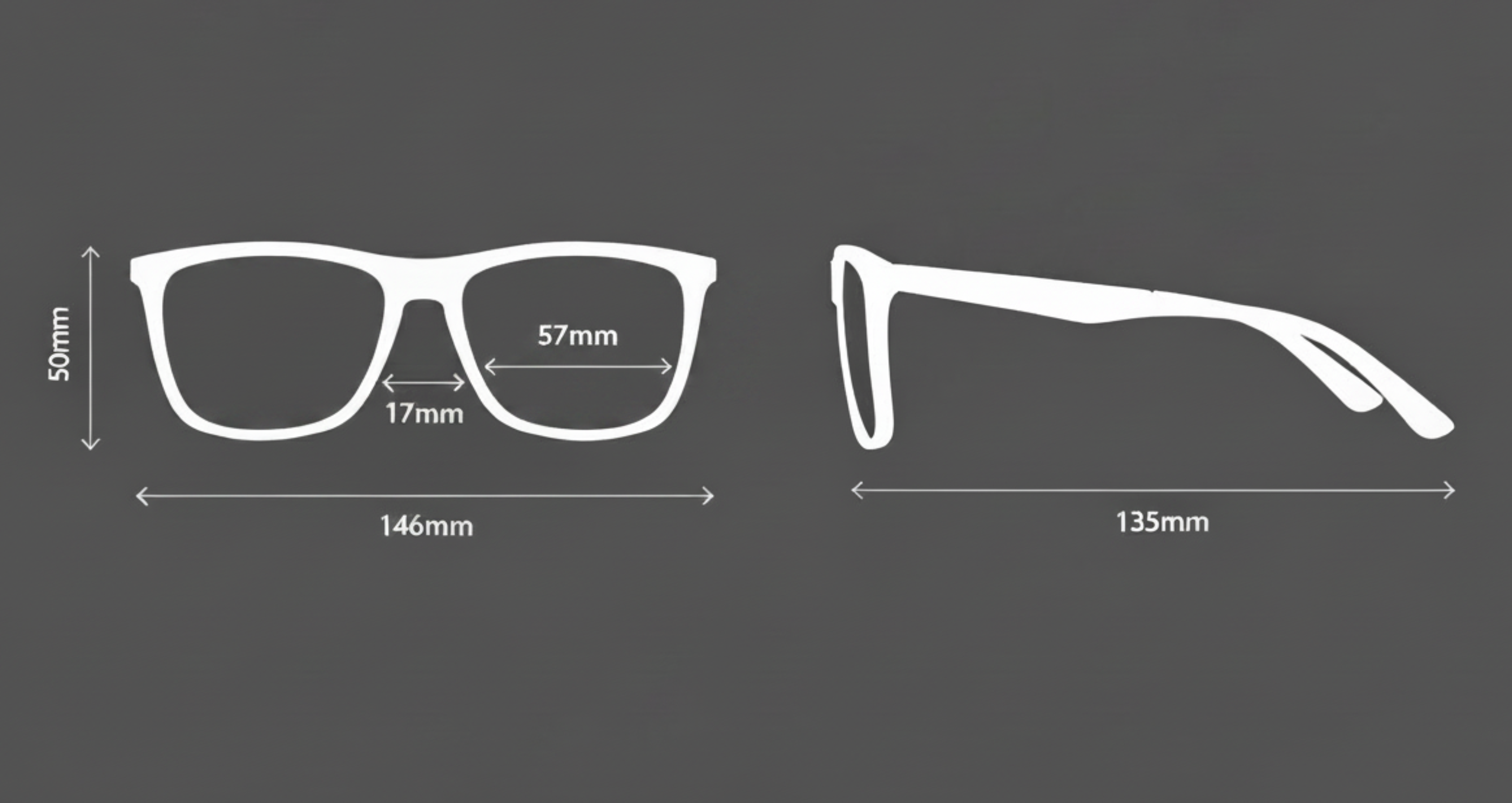White line drawing of a pair of eyeglasses shown from front and side views on a dark gray background, with measurement labels and arrows indicating dimensions such as 146mm, 135mm, 50mm, 57mm, and 17mm.
