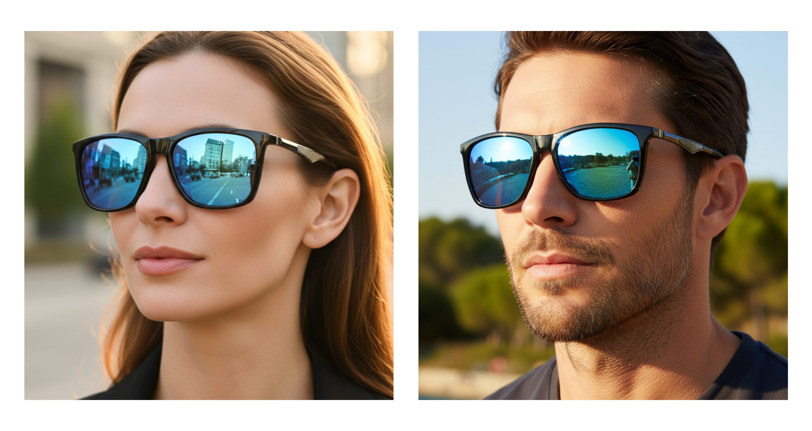 Touring - Two side-by-side portrait photos of a person wearing UV 400 polarised sunglasses outdoors. The left shows a woman in profile against a softly blurred city background, and the right shows a man in profile against a sunny outdoor scene - Missandtrendy