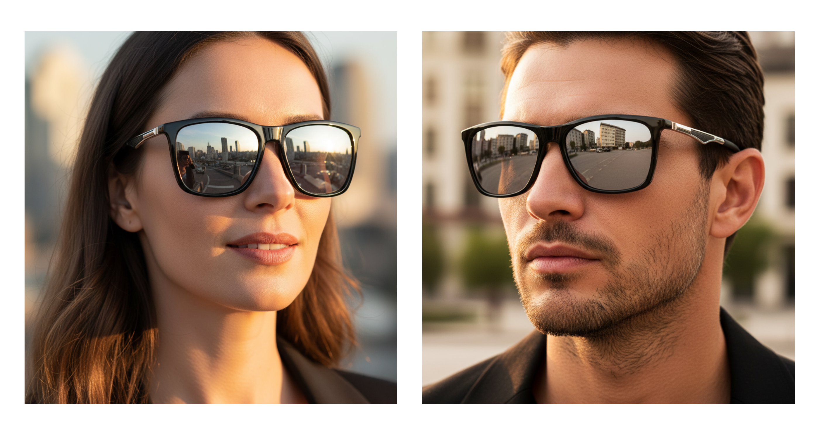 Touring - Two men wearing black square UV 400 polarised sunglasses with mirrored lenses, shown in a side-by-side portrait layout. The left portrait features a woman, and the right portrait features a man, both photographed in warm outdoor light with blurred city buildings reflected in the sunglasses - Missandtrendy