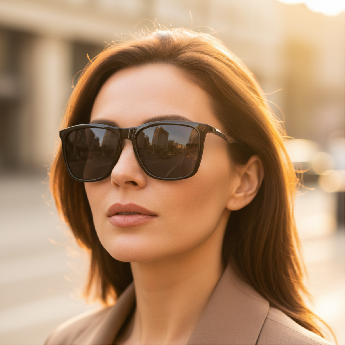 Touring - A woman with long brown hair wearing black square UV 400 polarised sunglasses with dark lenses and a beige blazer, photographed outdoors in warm golden-hour light with a blurred city background - Missandtrendy