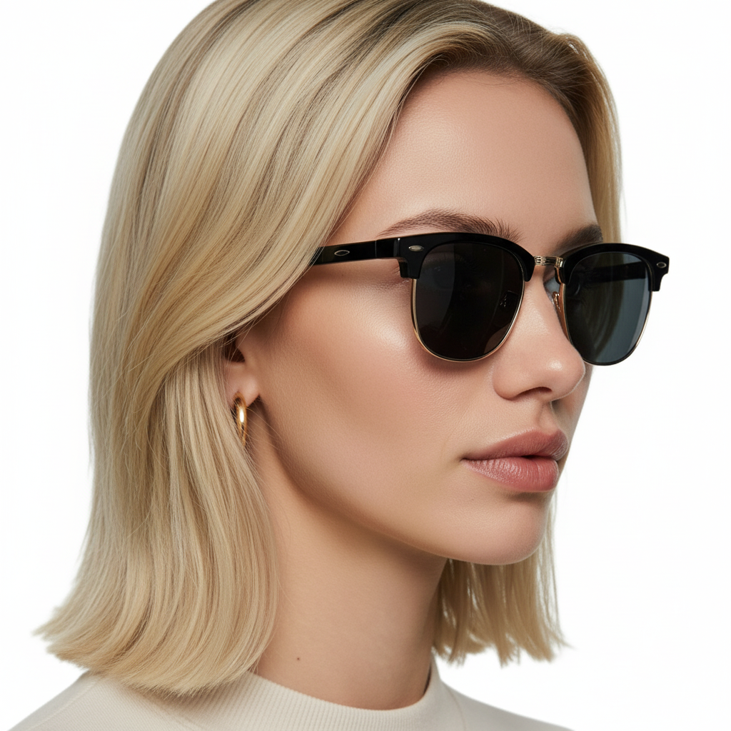 Woman wearing Bowy Clubmaster with brown silver frame and green lens sunglasses by Missandtrendy 45º side view_new_