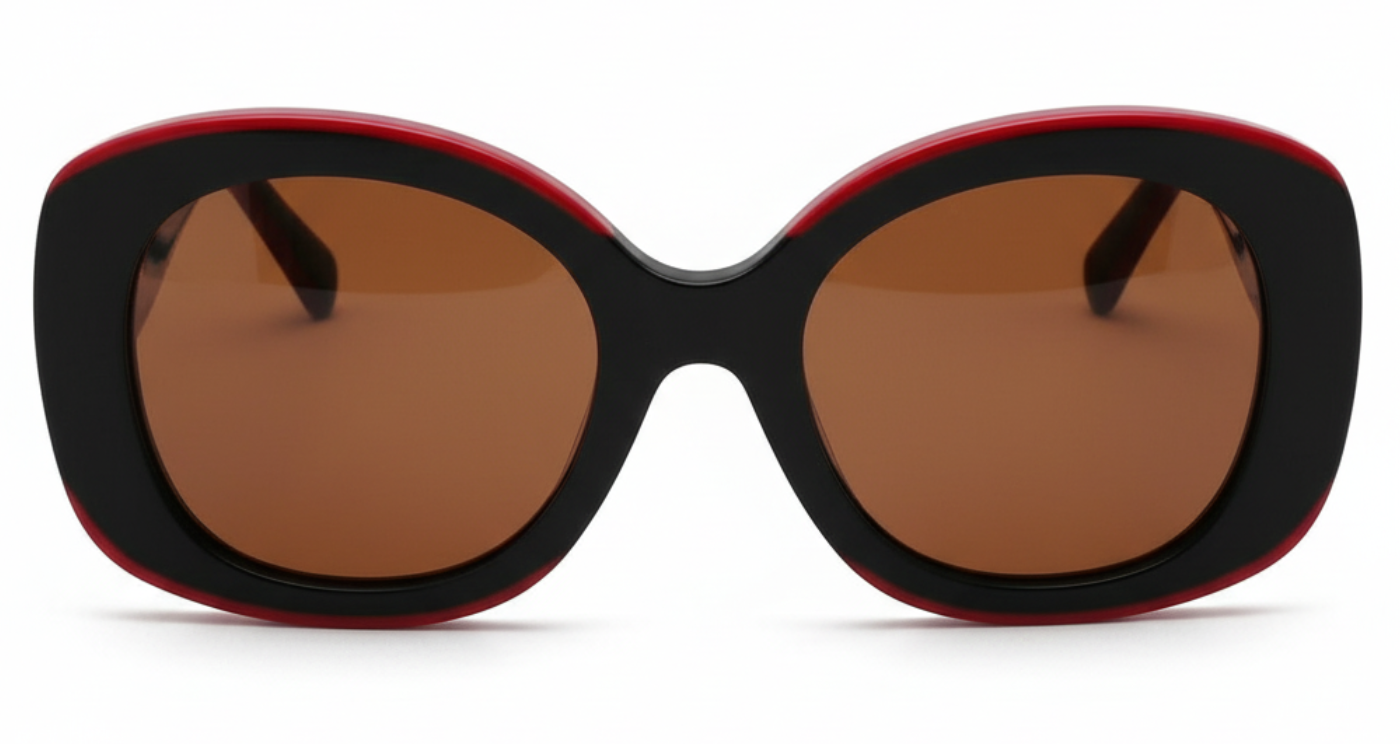 Woman wearing Diva burgundy frame and brown lens oversized polarised sunglasses by Missandtrendy 0º side view new_01