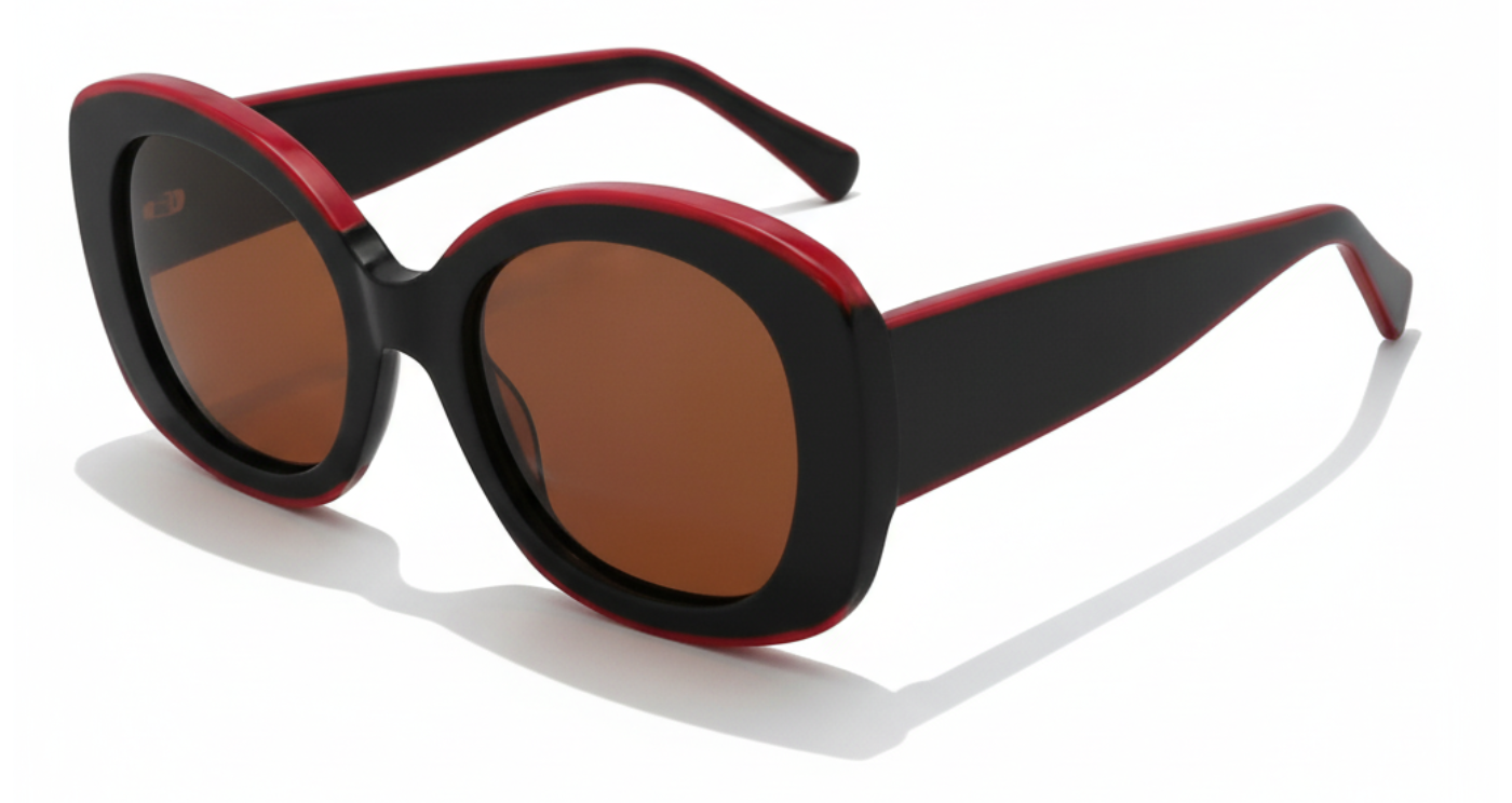 Woman wearing Diva burgundy frame and brown lens oversized polarised sunglasses by Missandtrendy 45º side view new_01