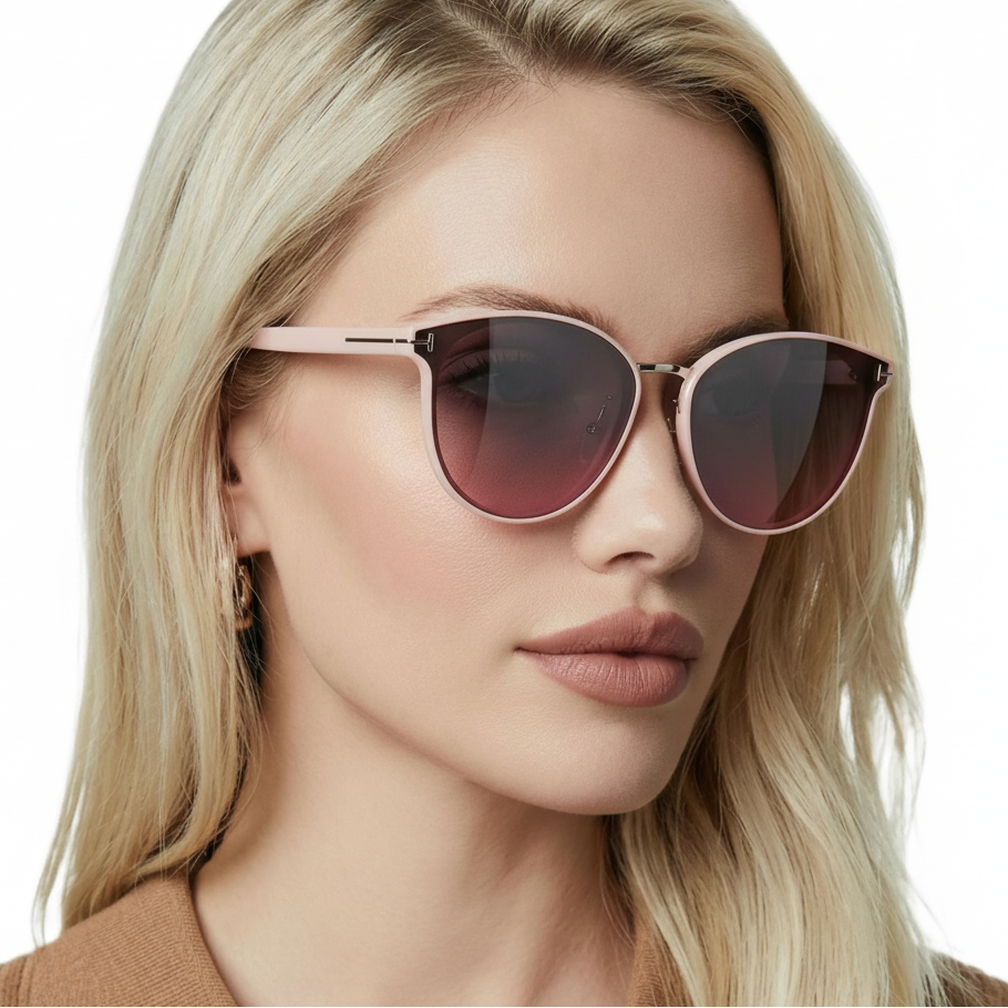 Woman wearing Elegance pink frame and gradient burgundy lens  sunglasses by Missandtrendy 45º side view_01