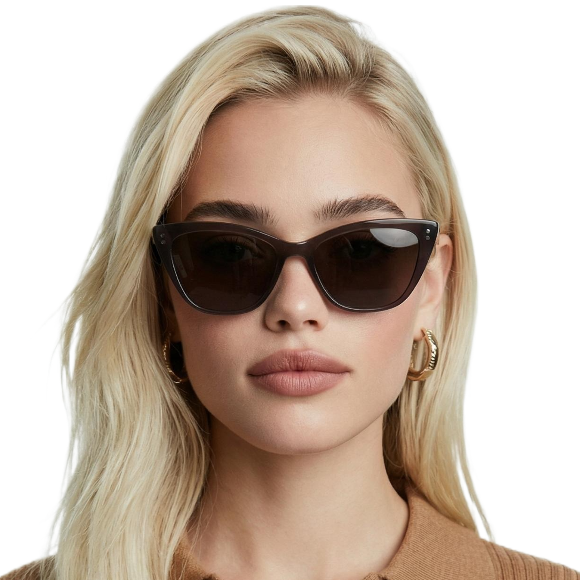 Woman wearing Kate clear brown  frame and black clip lens butterfly sunglasses by Missandtrendy front side view new