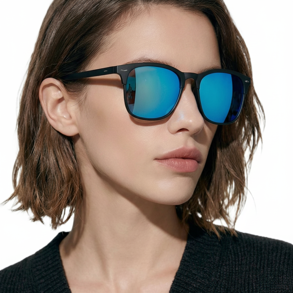 Woman wearing Missandtrendy Piccadilly wayfarer sunglasses with black frame and mirror blue lens 45º side view_01