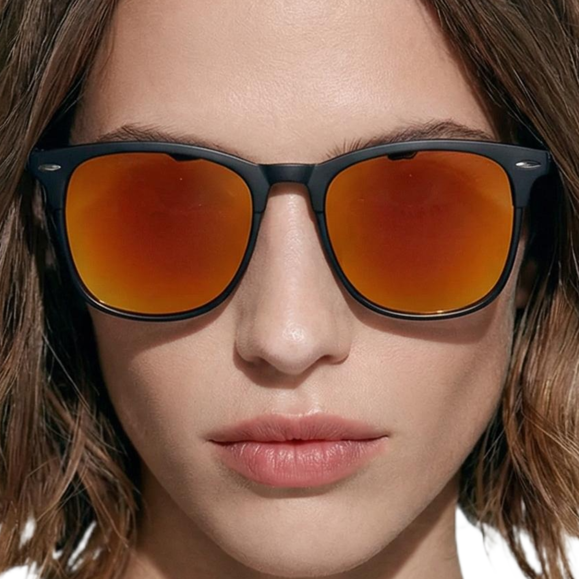 Woman wearing Missandtrendy Piccadilly wayfarer sunglasses with black frame and mirror orange lens front side view