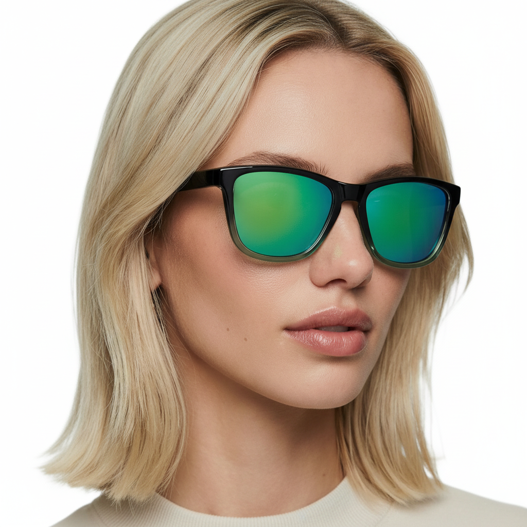 Woman wearing Missandtrendy camden wayfarer  sunglasses with black gradient frame and green lens 45º side view_1