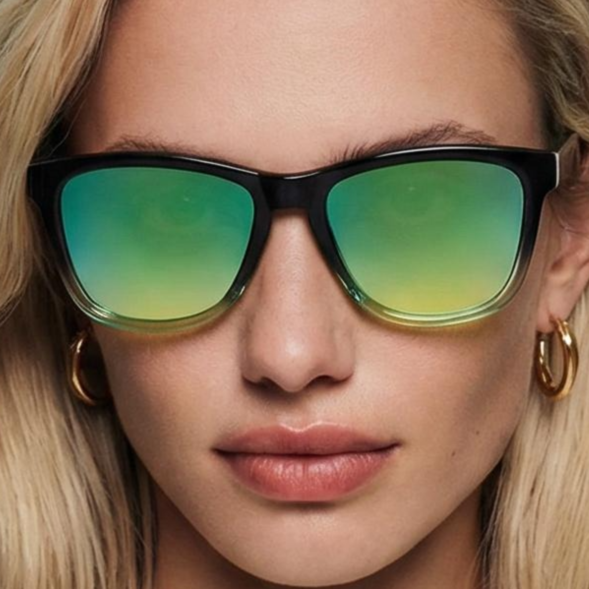 Woman wearing Missandtrendy camden wayfarer  sunglasses with black gradient frame and green lens front side view