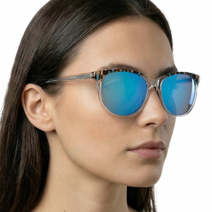 Woman wearing Missandtrendy cat-eye sunglasses with clear frame and mirror blue lens 45º side view_new_01