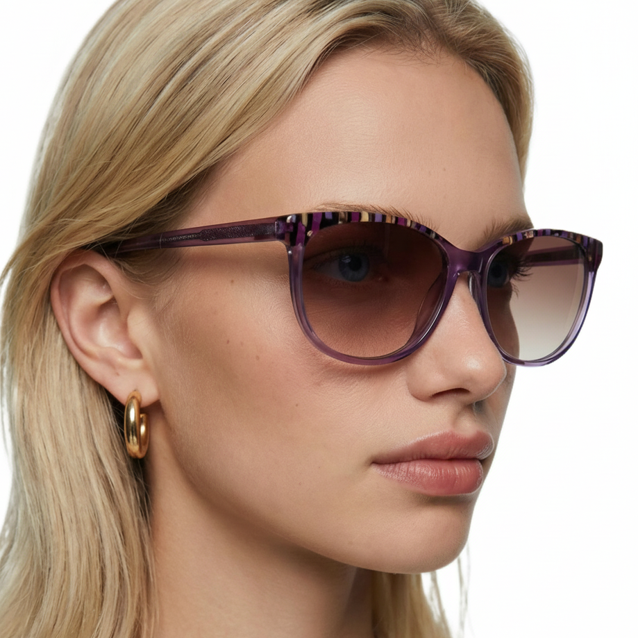 Woman wearing Missandtrendy cat-eye sunglasses with purple frame and gradient brown lens 45º side view new_02