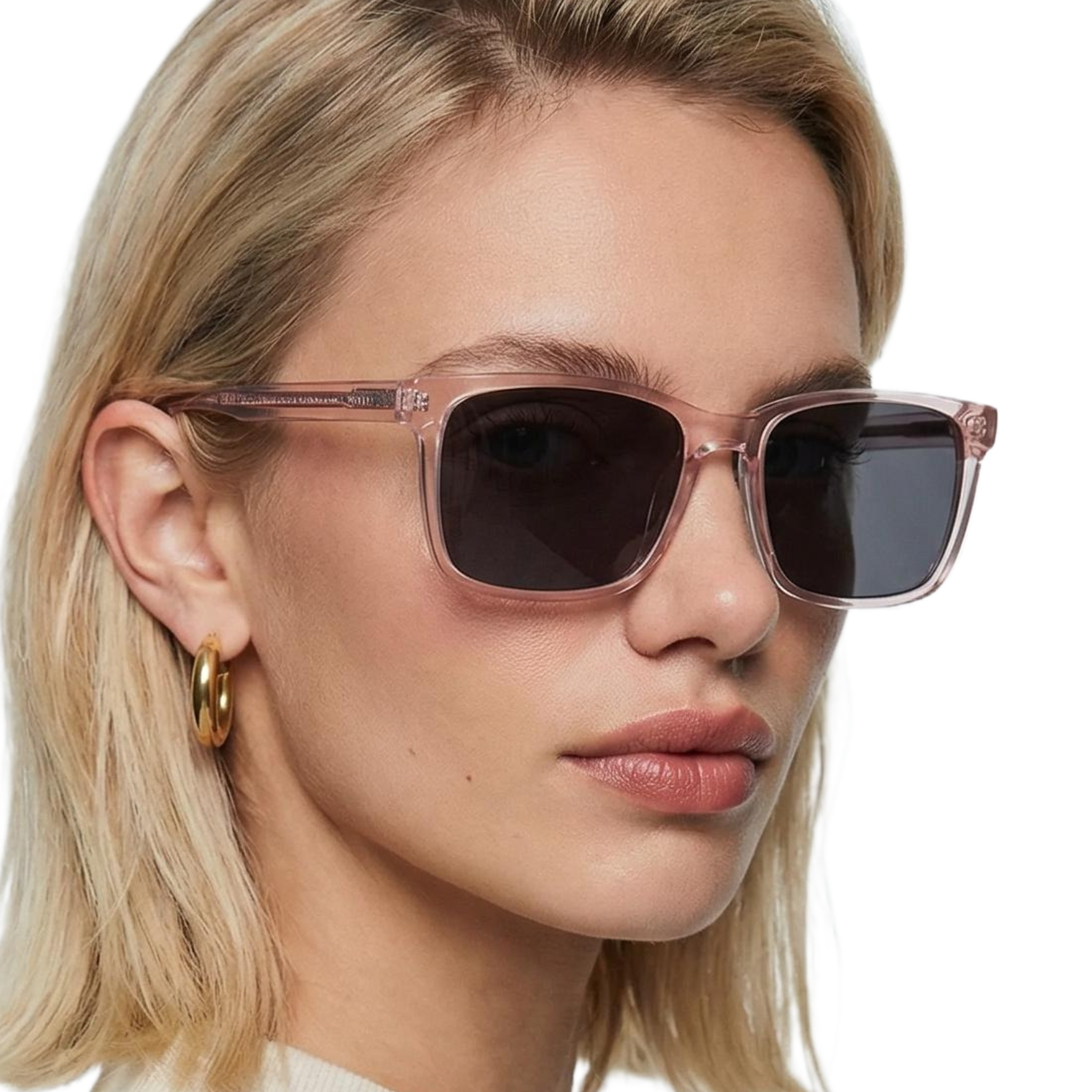 Woman wearing Missandtrendy waves polarised sunglasses with clear pink frame and black lens 45º side view