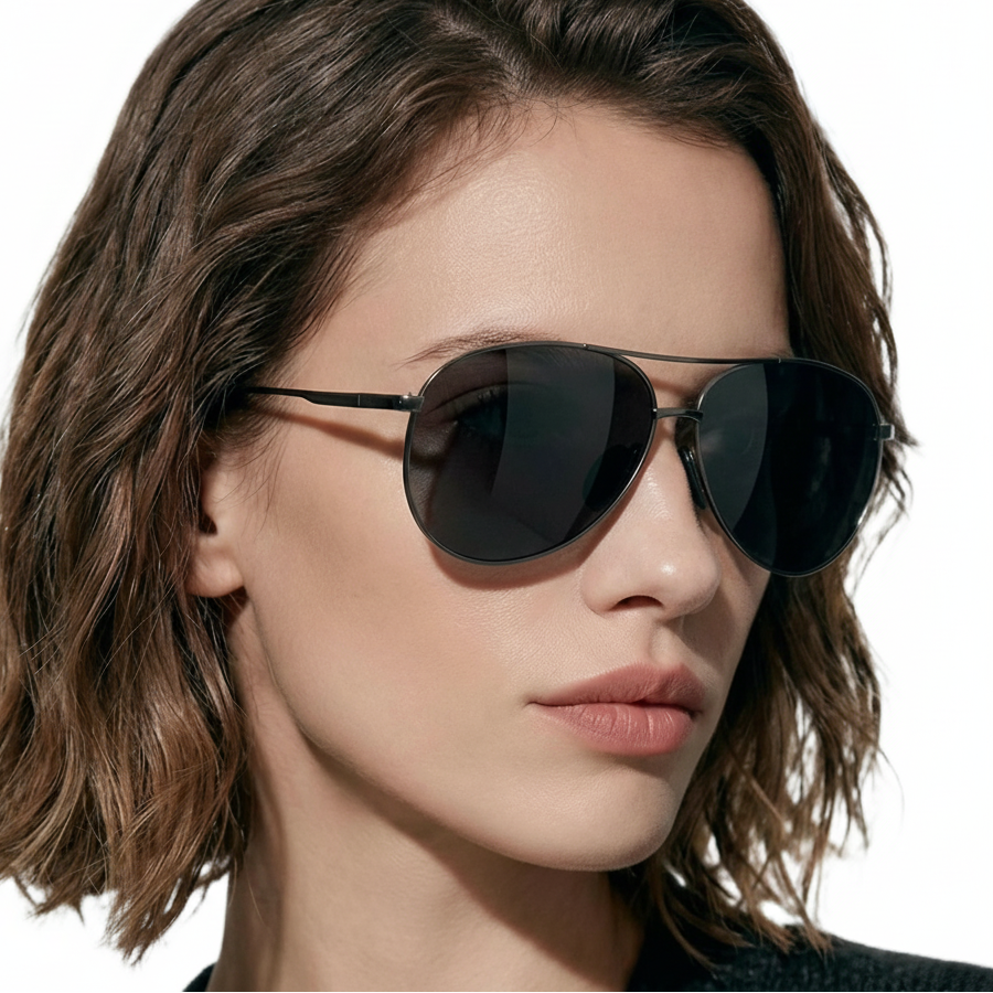 Woman wearing Retro Aviator silver metal frame and mirror blue lens  sunglasses by Missandtrendy 45º side view_black 01